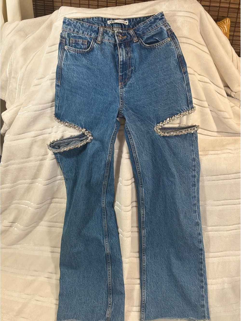 Zara Z1975 Mid-waist, straight leg jeans with cut-out jewel embellishments